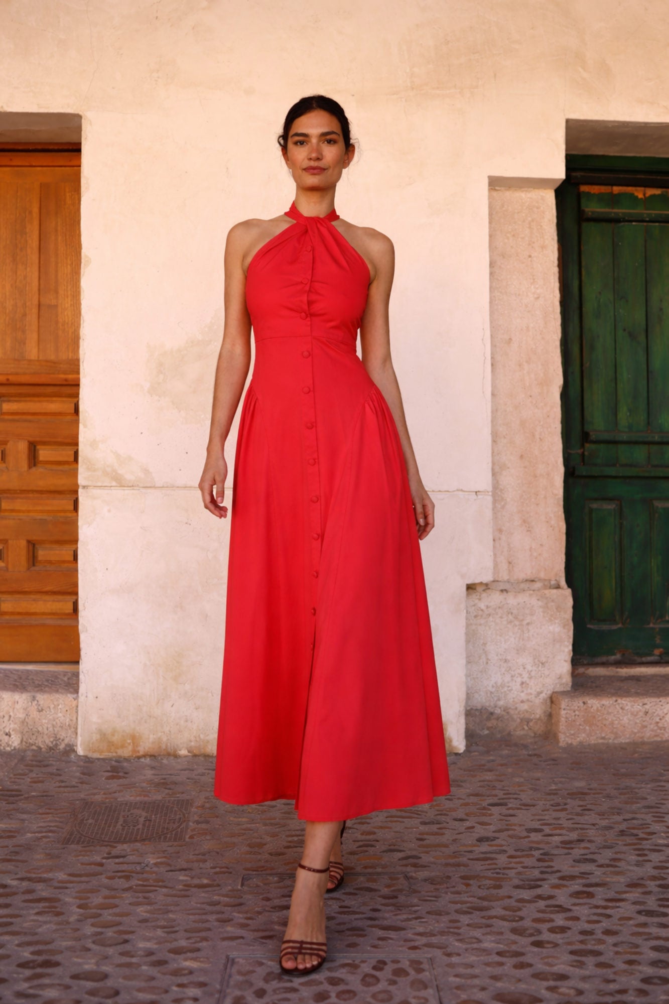 Vestido Duna coral de algodón largo con escote halter