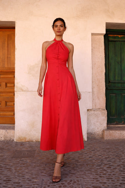 Vestido Duna coral de algodón largo con escote halter