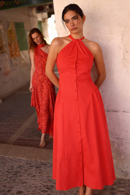Detalle del vestido Duna coral de algodón